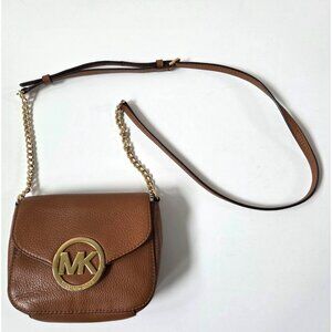 Michael Kors Purse Brown Camel Leather Fulton Crossbody Mini Bag Travel Preppy